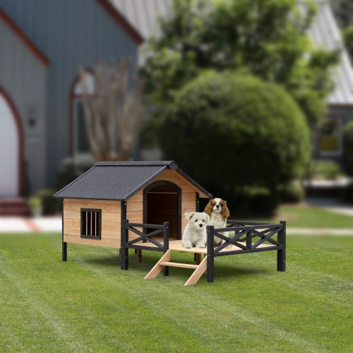 EliteEstate™ | Large Outdoor Wooden Dog Villa - Two-Tone Luxury Cabin with Covered Veranda
