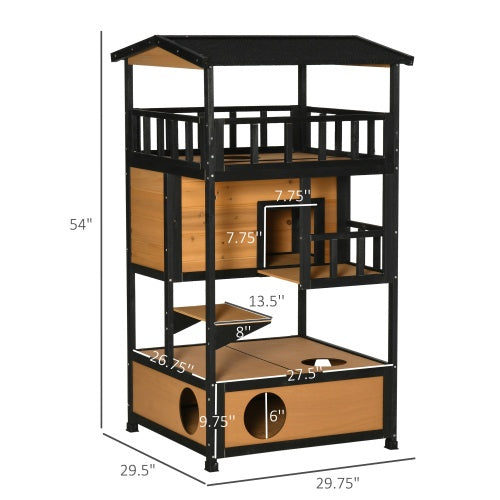 EliteRefuge™ | Weatherproof Cedar-Style Cat Villa - Multi-Level Outdoor Shelter with Asphalt Roof