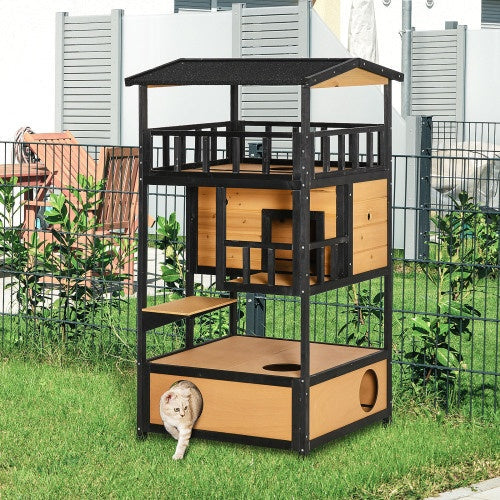 EliteRefuge™ | Weatherproof Cedar-Style Cat Villa - Multi-Level Outdoor Shelter with Asphalt Roof