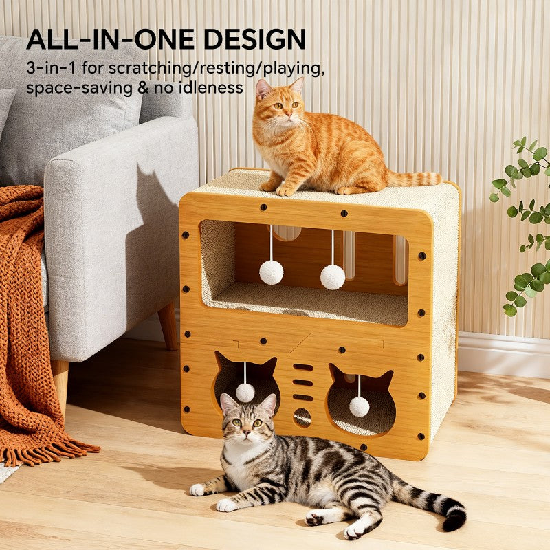 AuraEstate™ Twin-Head | Stacked Wood Cat Scratcher – Luxury 2-Tier Resting Den with 4 Integrated Teaser Balls