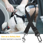 Dog safety harness being used in a car with text indicating it's a safety belt.