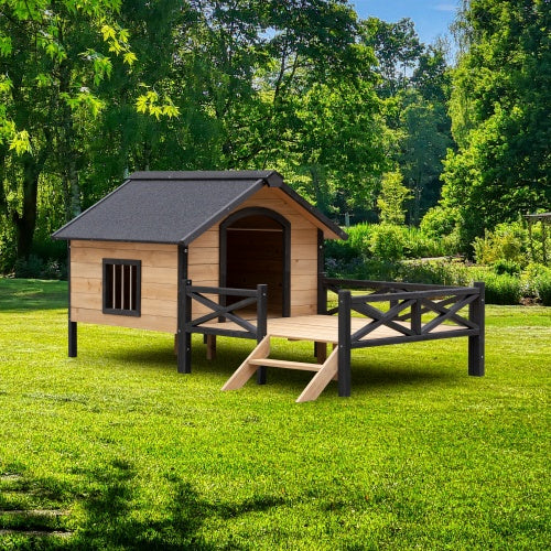 EliteEstate™ | Large Outdoor Wooden Dog Villa - Two-Tone Luxury Cabin with Covered Veranda