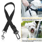 Black pet seat belt with a car seat belt clip, used to secure a dog in a vehicle.