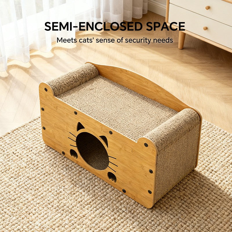 AuraEstate™ Feline-Silhouette | Designer Wooden Cat Bed – Private Den & Claw-Care Station with Scalloped Edge