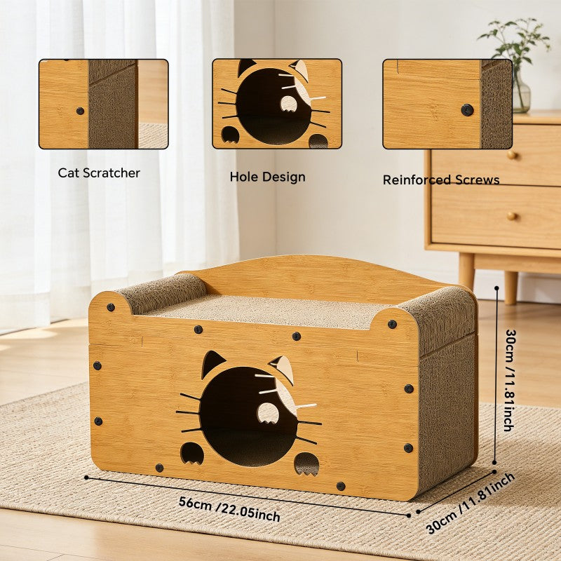 AuraEstate™ Feline-Silhouette | Designer Wooden Cat Bed – Private Den & Claw-Care Station with Scalloped Edge