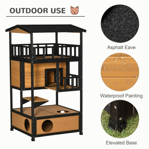 EliteRefuge™ | Weatherproof Cedar-Style Cat Villa - Multi-Level Outdoor Shelter with Asphalt Roof
