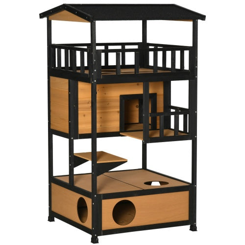 EliteRefuge™ | Weatherproof Cedar-Style Cat Villa - Multi-Level Outdoor Shelter with Asphalt Roof