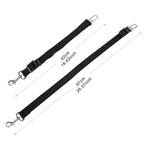Two black straps with metal hooks and measurements on a white background