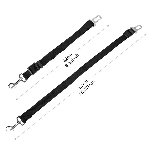 Two black straps with metal hooks and measurements on a white background