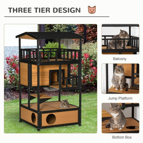 EliteRefuge™ | Weatherproof Cedar-Style Cat Villa - Multi-Level Outdoor Shelter with Asphalt Roof