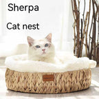 EliteSnug™ | Luxury Rattan Cat Hideaway - Insulated Winter Bed with Claw Care Base