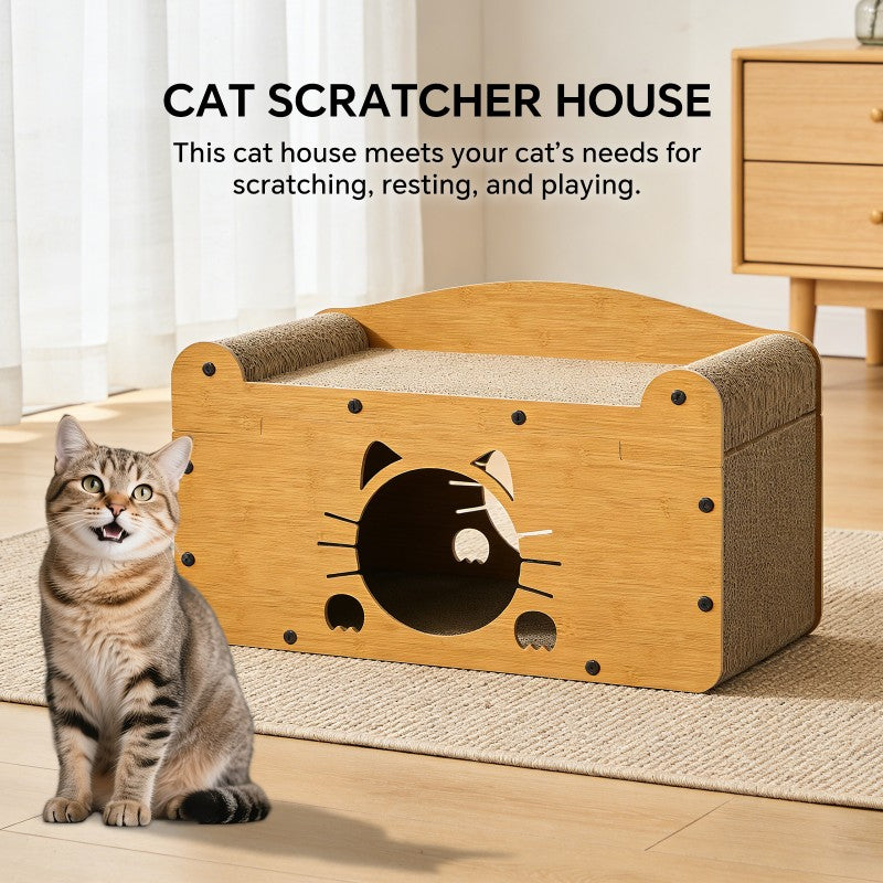 AuraEstate™ Feline-Silhouette | Designer Wooden Cat Bed – Private Den & Claw-Care Station with Scalloped Edge