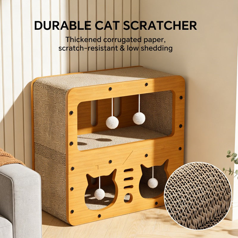 AuraEstate™ Twin-Head | Stacked Wood Cat Scratcher – Luxury 2-Tier Resting Den with 4 Integrated Teaser Balls