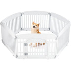 Dog inside a white pet playpen on a white background
