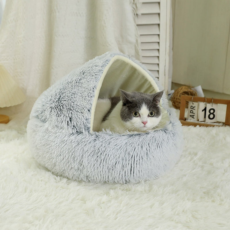 AuraEstate™ Cozy-Cocoon | 2-in-1 Winter Shell Cat Bed – Ultra-Soft Plush Nest & Semi-Enclosed Private Haven