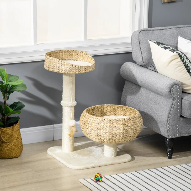 Elevated Cat Bed With Sisal Scratching Post For Indoor Kitties, Modern Cat Tree With Cute Basket Design, Small Cat Tree With Ball Toy - Aura Pet Elite