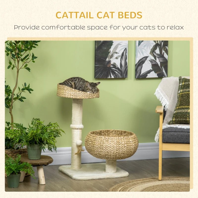Elevated Cat Bed With Sisal Scratching Post For Indoor Kitties, Modern Cat Tree With Cute Basket Design, Small Cat Tree With Ball Toy - Aura Pet Elite