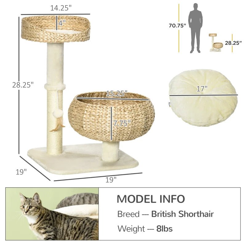 Elevated Cat Bed With Sisal Scratching Post For Indoor Kitties, Modern Cat Tree With Cute Basket Design, Small Cat Tree With Ball Toy - Aura Pet Elite