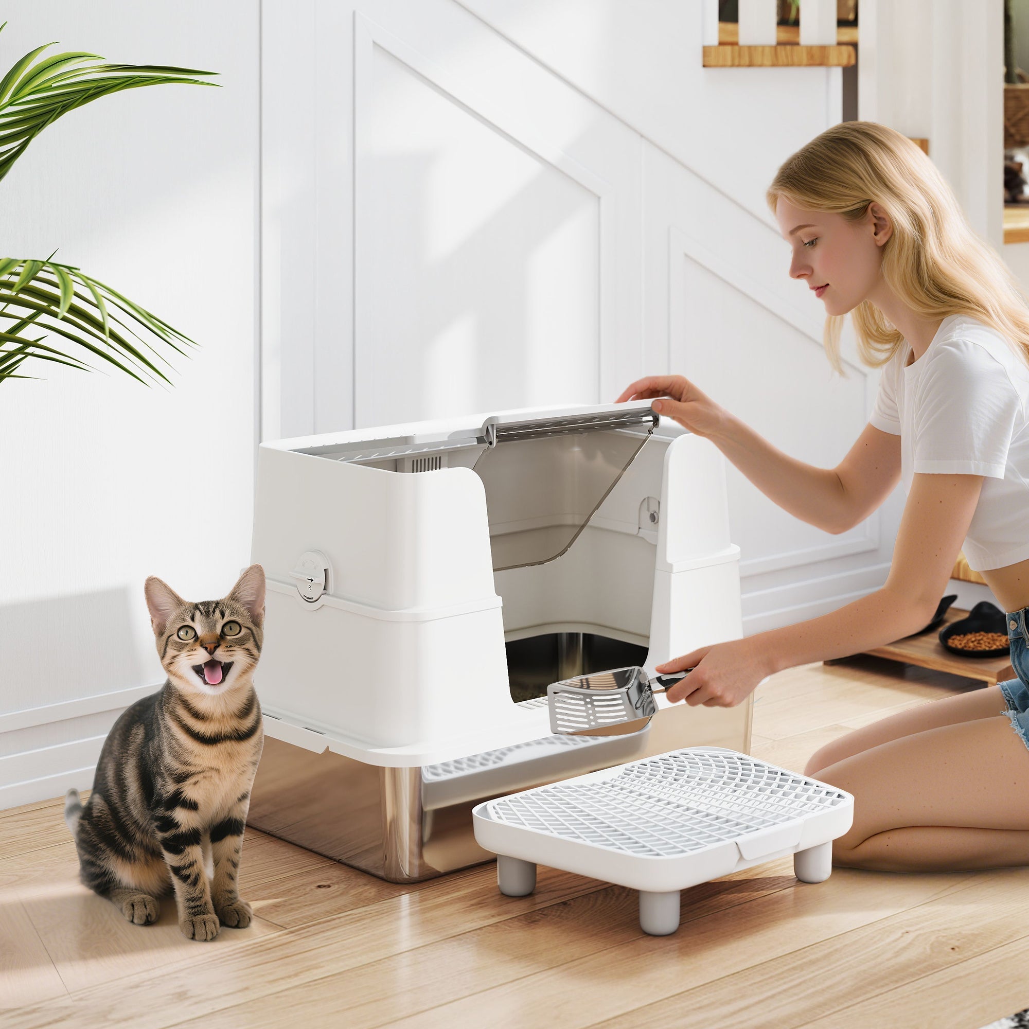EliteTitan™ | Professional Grade Stainless Steel Litter Box with Flip - Top & Step - Aura Pet Elite
