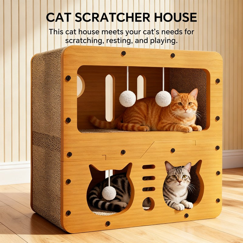 AuraEstate™ Twin-Head | Stacked Wood Cat Scratcher – Luxury 2-Tier Resting Den with 4 Integrated Teaser Balls