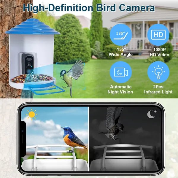 Smart Bird Feeder With Solar Powered Camera 1080P HD AI Identify PIR Motion Auto Capture Video Cloud Card Storage WiFi Connection App Control IP65 Waterproof - Aura Pet Elite