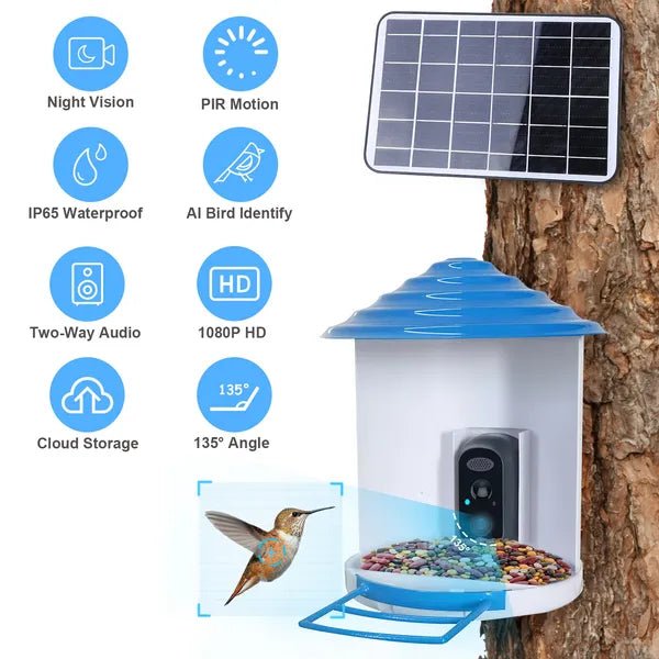 Smart Bird Feeder With Solar Powered Camera 1080P HD AI Identify PIR Motion Auto Capture Video Cloud Card Storage WiFi Connection App Control IP65 Waterproof - Aura Pet Elite