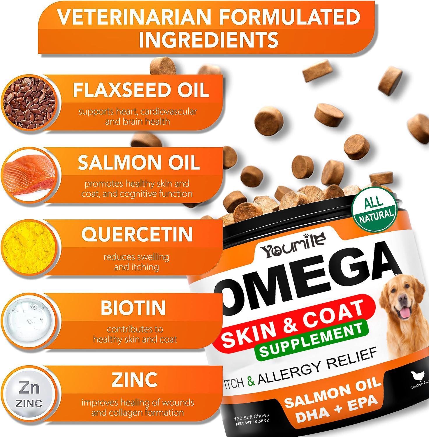 Youmile Omega 3 For Dogs - 120Ct Fish Oil Treats - Allergy & Itch Relief Skin & Coat Supplement - Dry Itchy Skin, Anti Shedding & Hot Spots Treatment - Pet Salmon Oil Chews - Chicken Flavor Dog Vit - Aura Pet Elite