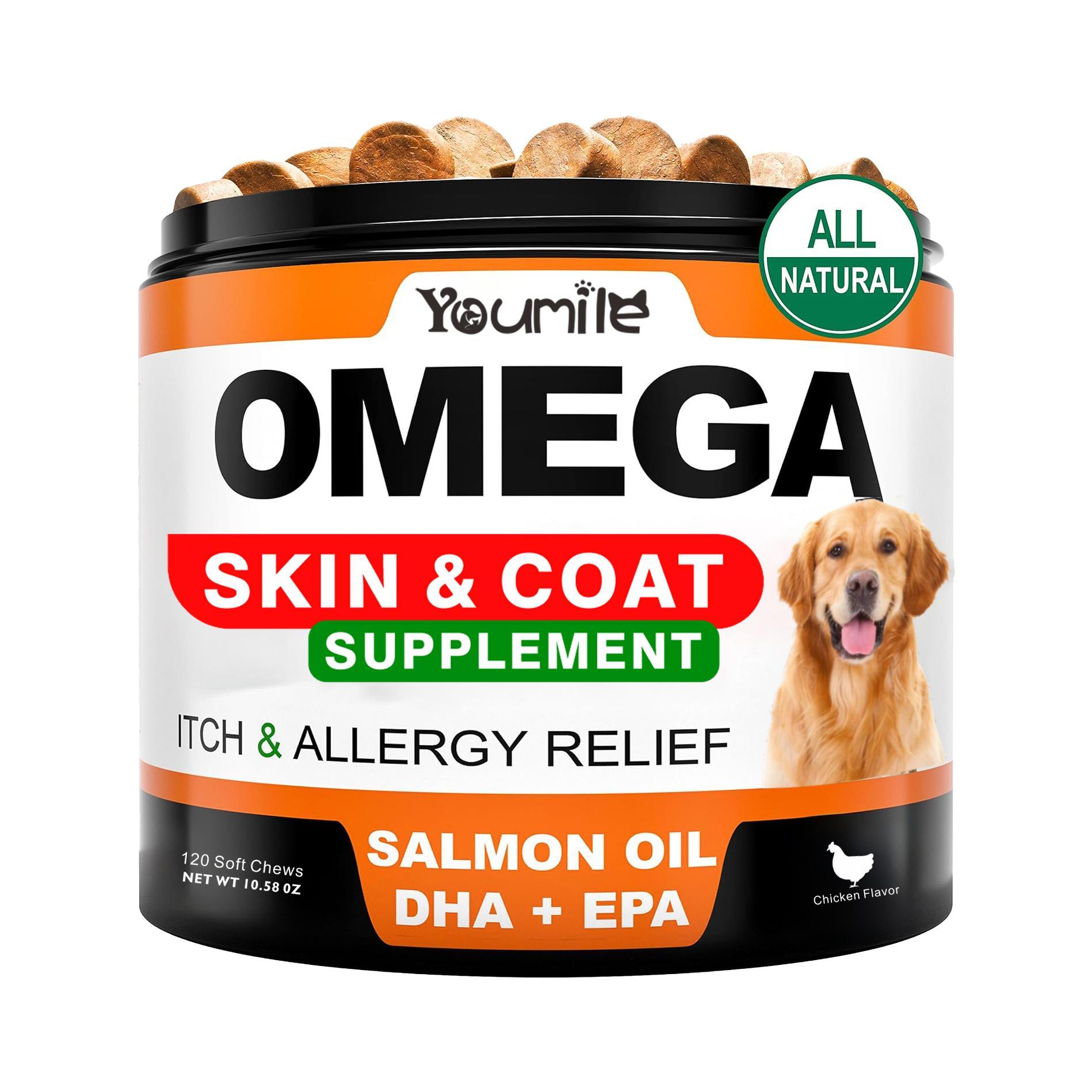 Youmile Omega 3 For Dogs - 120Ct Fish Oil Treats - Allergy & Itch Relief Skin & Coat Supplement - Dry Itchy Skin, Anti Shedding & Hot Spots Treatment - Pet Salmon Oil Chews - Chicken Flavor Dog Vit - Aura Pet Elite