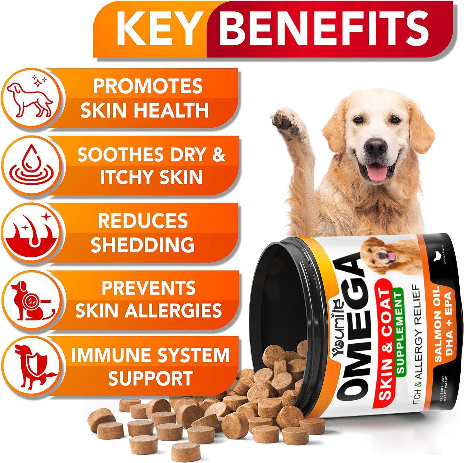 Youmile Omega 3 For Dogs - 120Ct Fish Oil Treats - Allergy & Itch Relief Skin & Coat Supplement - Dry Itchy Skin, Anti Shedding & Hot Spots Treatment - Pet Salmon Oil Chews - Chicken Flavor Dog Vit - Aura Pet Elite